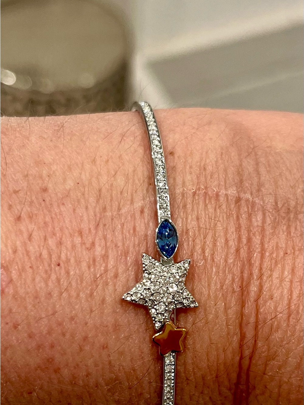 Swarovski Sterling Silver Star & Blue Gem Bangle Bracelet- adjustable